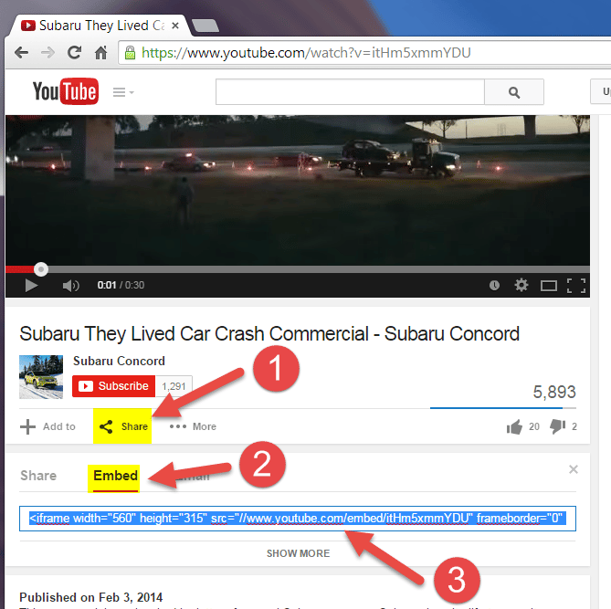 Copy embed code from YouTube