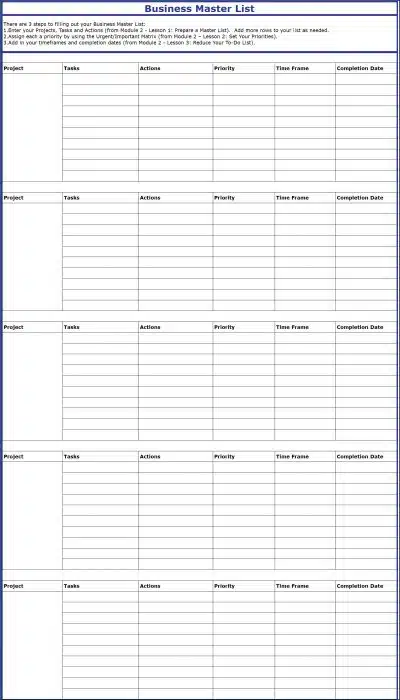 Eliminate Business Overwhelm - Business Master List
