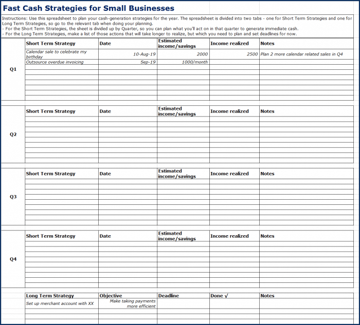 Fast Cash Strategies - Spreadsheet