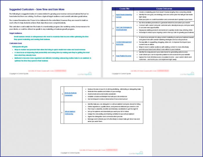 Save Time Earn More Suggested Curriculum