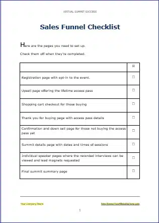 Virtual Summit Success - Sales Funnel Checklist