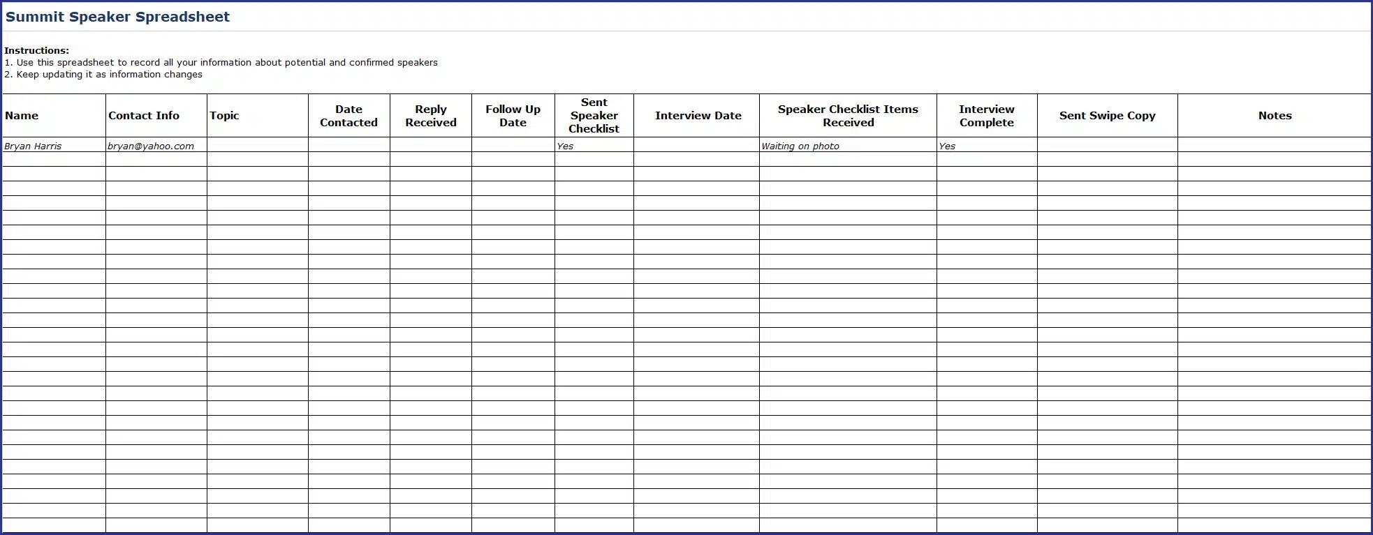 Virtual Summit Success - Summit Speaker Spreadsheet