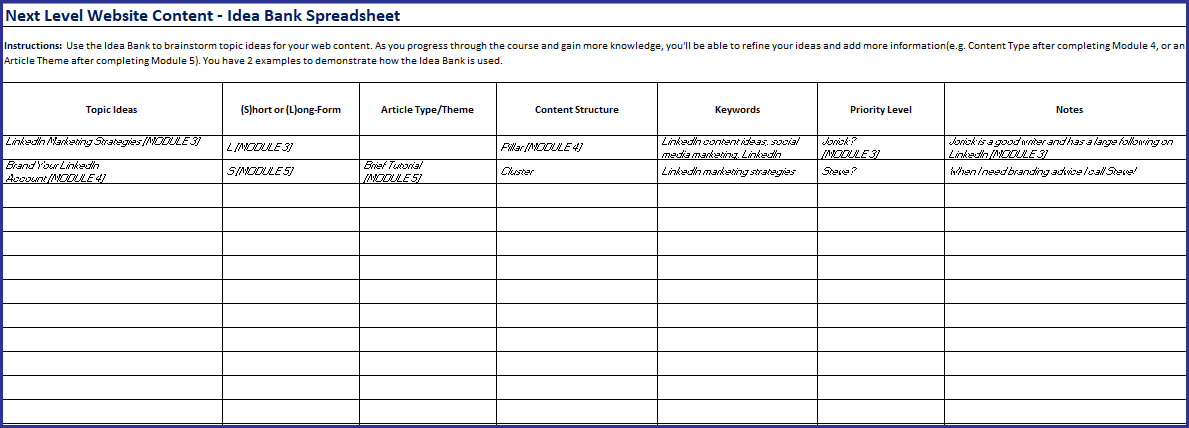 Next Level Website Content - Idea Bank Spreadsheet