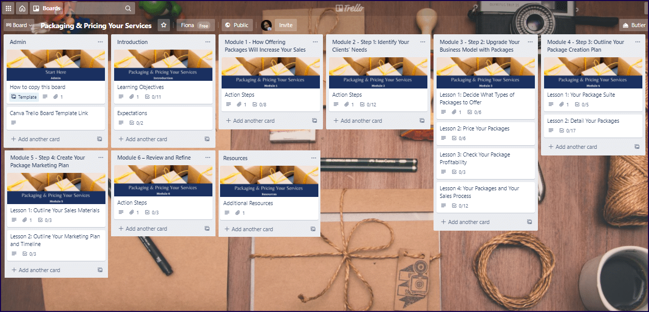 Packaging & Pricing Your Services Upgrade Pack - Trello Board