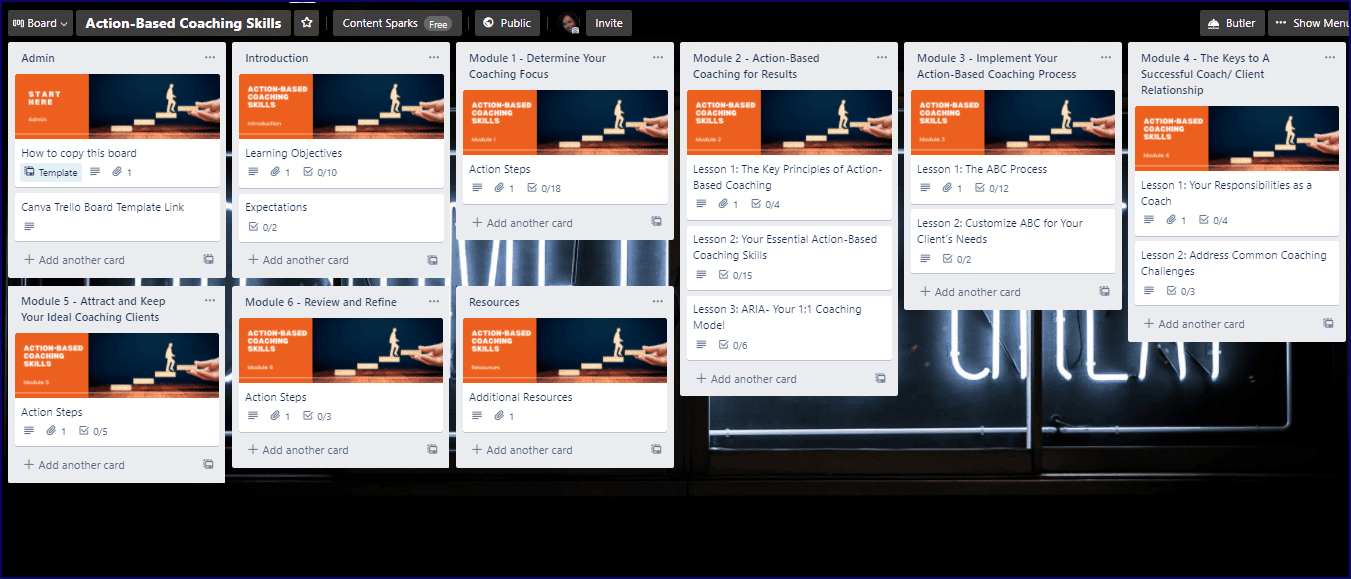Action-Based Coaching Skills Ex Pack - Trello Board