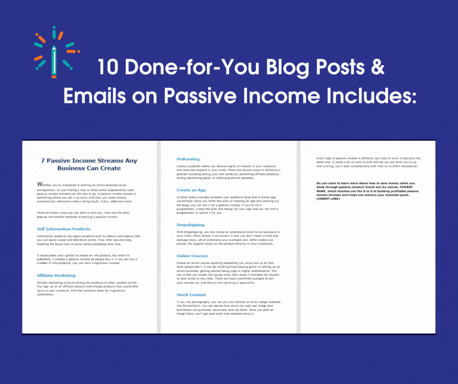 10 Done for You Blog Posts Emails PassiveIncome Sales Page gif
