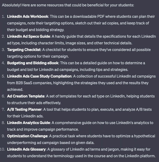 ChatGPT Prompts to Come up with Helpful Resources to Provide for Your Students 2