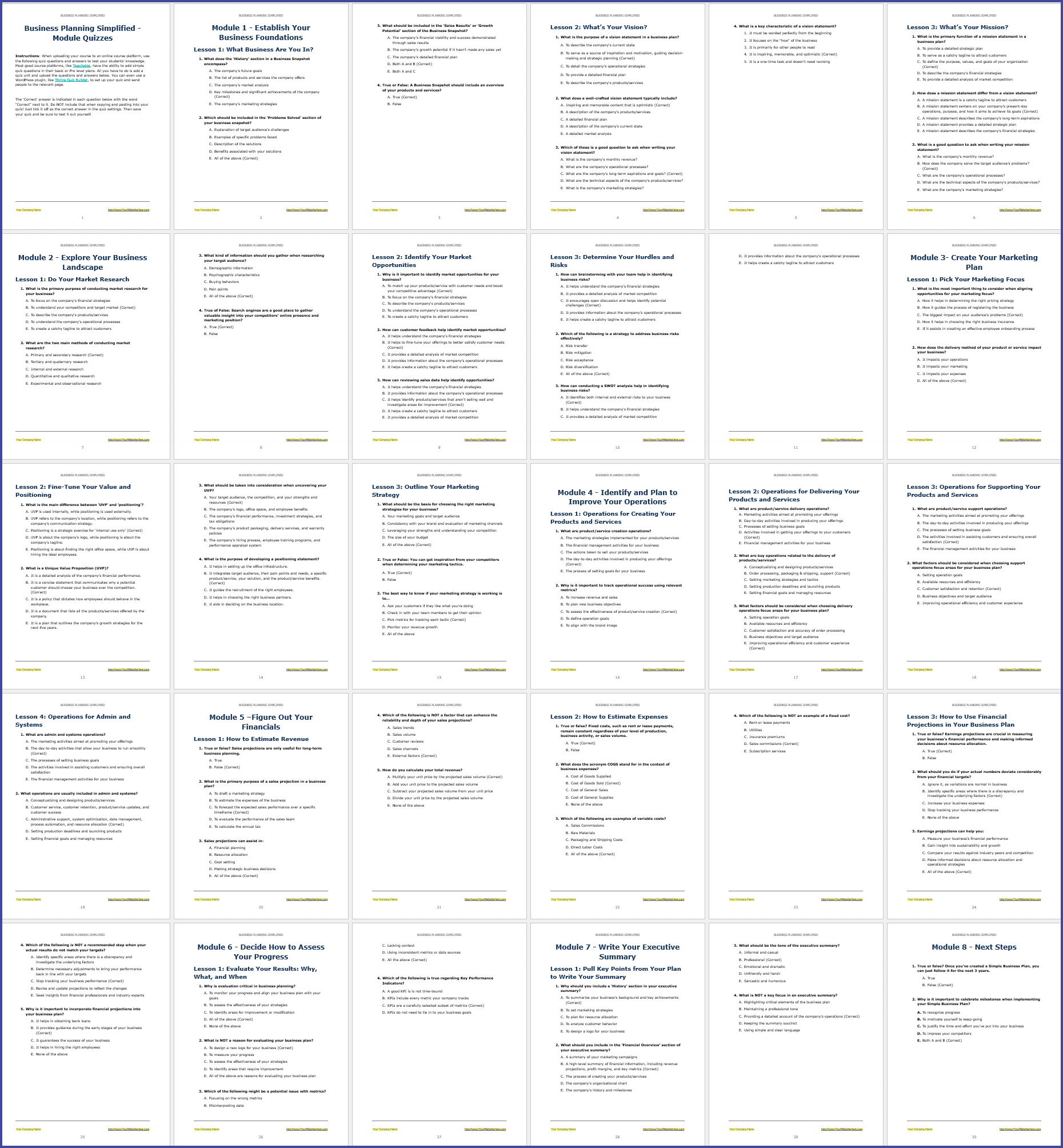 SimpleBizPlan ModuleQuizzes