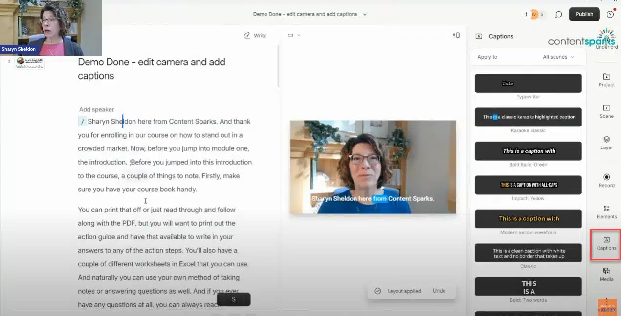 Guide to Descript: How to Quickly Record and Edit Online Course Videos - Step 5 Descript captions